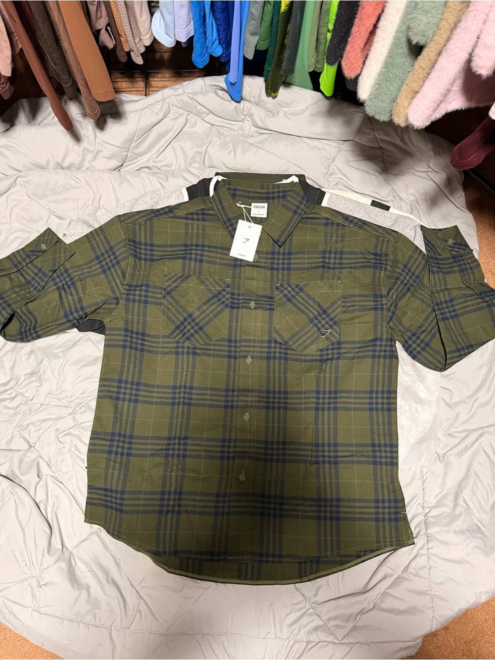 Gymshark Olive and Navy Plaid Button-Down Shirt